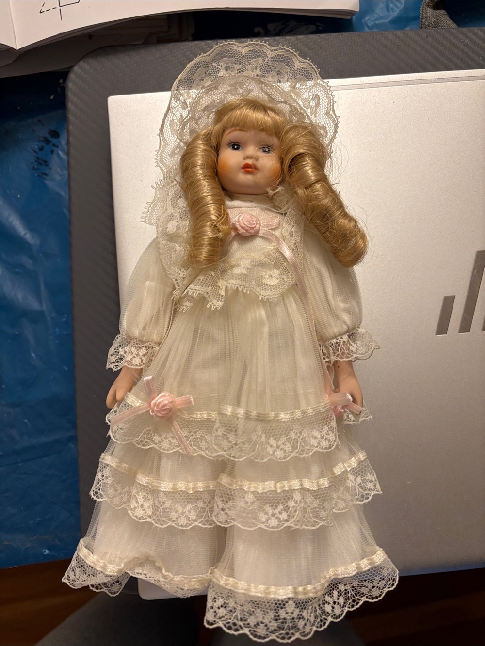 Porcelain Girl Doll in Cream Lace Dress with Pink Accents